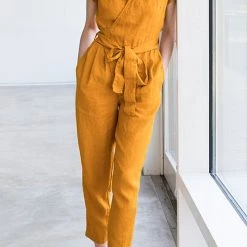 Levency New In Linen V Neck Wrap Jumpsuits