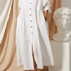 Levency New In Button Pockets O Neck Midi Dress