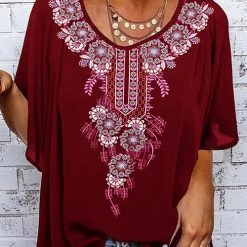 Levency New In Print O Neck Loose Blouse