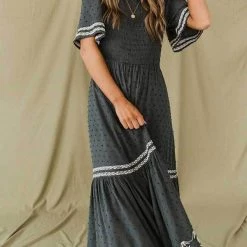 Levency Dot Flares Sleeve Smocked Maxi Dress New In