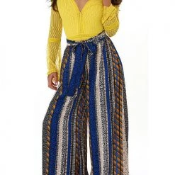 Levency Striped Tie Waist Wide Leg Pants