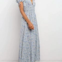 Levency Shirred Waist V Neck Maxi Dress New In