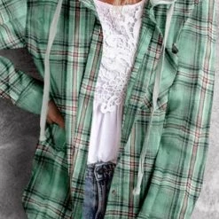 Levency New In Flannel Plaid Button Down Hoodie Top