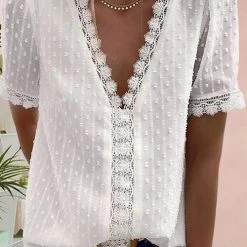Levency Lace V Neck Puff Short Sleeves Blouses