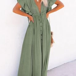 Levency New In Button Drawstring Waist Bat Maxi Cover Dress