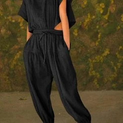 Levency Slit Back Solid Drawstring Jumpsuit 21 Levency Slit Back Solid Drawstring Jumpsuit