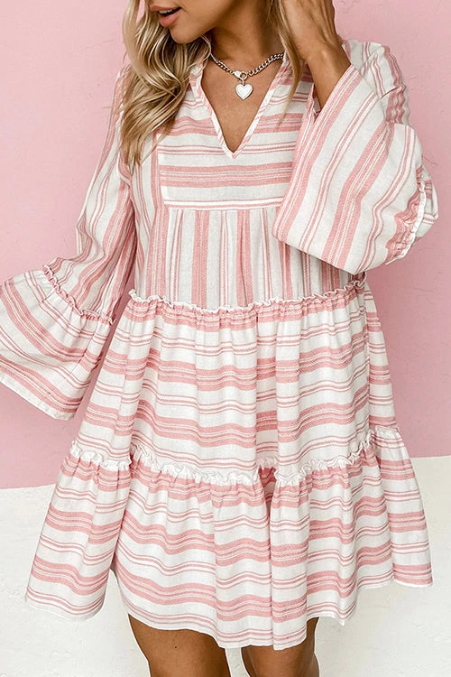 Levency Striped Flares Sleeve Tiered Mini Dress 1 Levency Striped Flares Sleeve Tiered Mini Dress