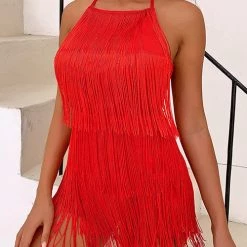 Levency New In Halter Neck Open Back Tassel Hem Romper