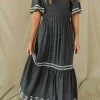 Levency Dot Flares Sleeve Smocked Maxi Dress New In