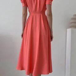 Levency Pearl Button O Neck Shirt Maxi Dress