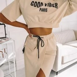Levency Letter Crop Hoodie Slit Skirts Set New In