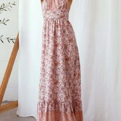 Levency New In Floral V Neck Halter Neck Backless Maxi Dress