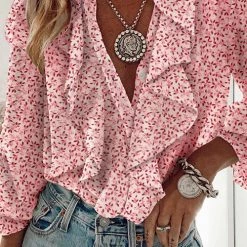 Levency New In Ruffles Button V Neck Blouse
