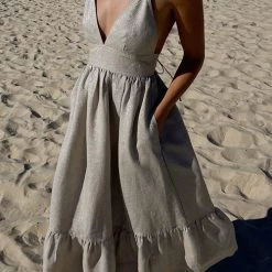 Levency New In V Neck Backless Tiered Maxi Dress
