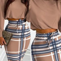 Levency Geometric Long Sleeve Top Drawstring Bodycon Skirt Set