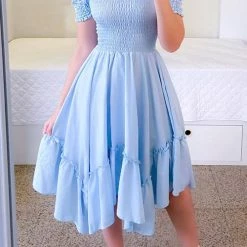 Levency Shirred Bodice Off Shoulder Flap Asymmetric Dress New In