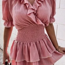 Levency Elastic Ruffles V Neck Mini Dress New In