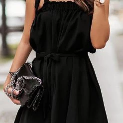 Levency Solid Tie Shoulder Mini Dress New In