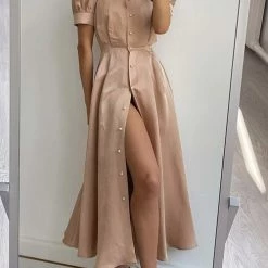 Levency Pearl Button O Neck Shirt Maxi Dress