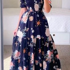 Levency Print Shirred Bodice Tiered Maxi Dress