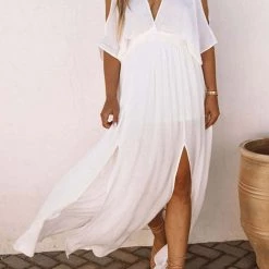 Levency Cold Shoulder Slit Bat Sleeve V Neck Maxi Dress New In