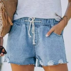 Levency New In Raw Edge Drawstring Denim Shorts