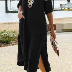 Levency O Neck Pockets Slit Midi Dress