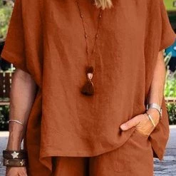 Levency Solid Short Sleeve Blouse Shorts Set New In