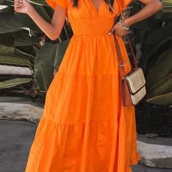 Levency New In V Neck Ruffles Tiered Midi Dress