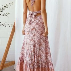 Levency New In Floral V Neck Halter Neck Backless Maxi Dress