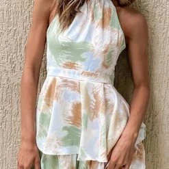 Levency New In Print Trim Halter Neck Backless Romper