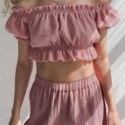 Levency Off Shoulder Ruched Crop Top Pants Sets