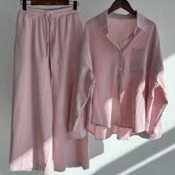 Levency Button Blouse Wide Leg Pants Set New In