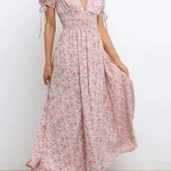 Levency Shirred Waist V Neck Maxi Dress New In