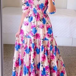 Levency Print Shirred Bodice Tiered Maxi Dress