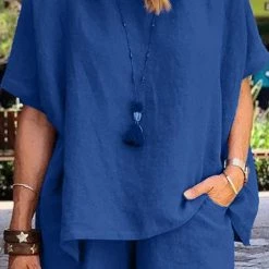 Levency Solid Short Sleeve Blouse Shorts Set New In