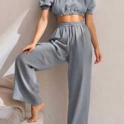 Levency Off Shoulder Ruched Crop Top Pants Sets