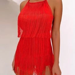 Levency New In Halter Neck Open Back Tassel Hem Romper