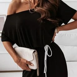 Levency Dew Shoulder Slit Belted Bat Dress 32 Levency Dew Shoulder Slit Belted Bat Dress