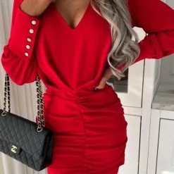 Levency New In V Neck Ruched Bodycon Dress