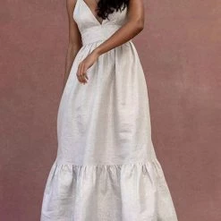 Levency New In V Neck Backless Tiered Maxi Dress