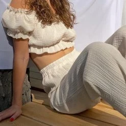 Levency Off Shoulder Ruched Crop Top Pants Sets