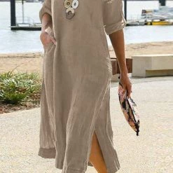 Levency O Neck Pockets Slit Midi Dress