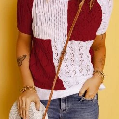 Levency Color Block Eyelet Short Sleeve Sweater 16 Levency Color Block Eyelet Short Sleeve Sweater