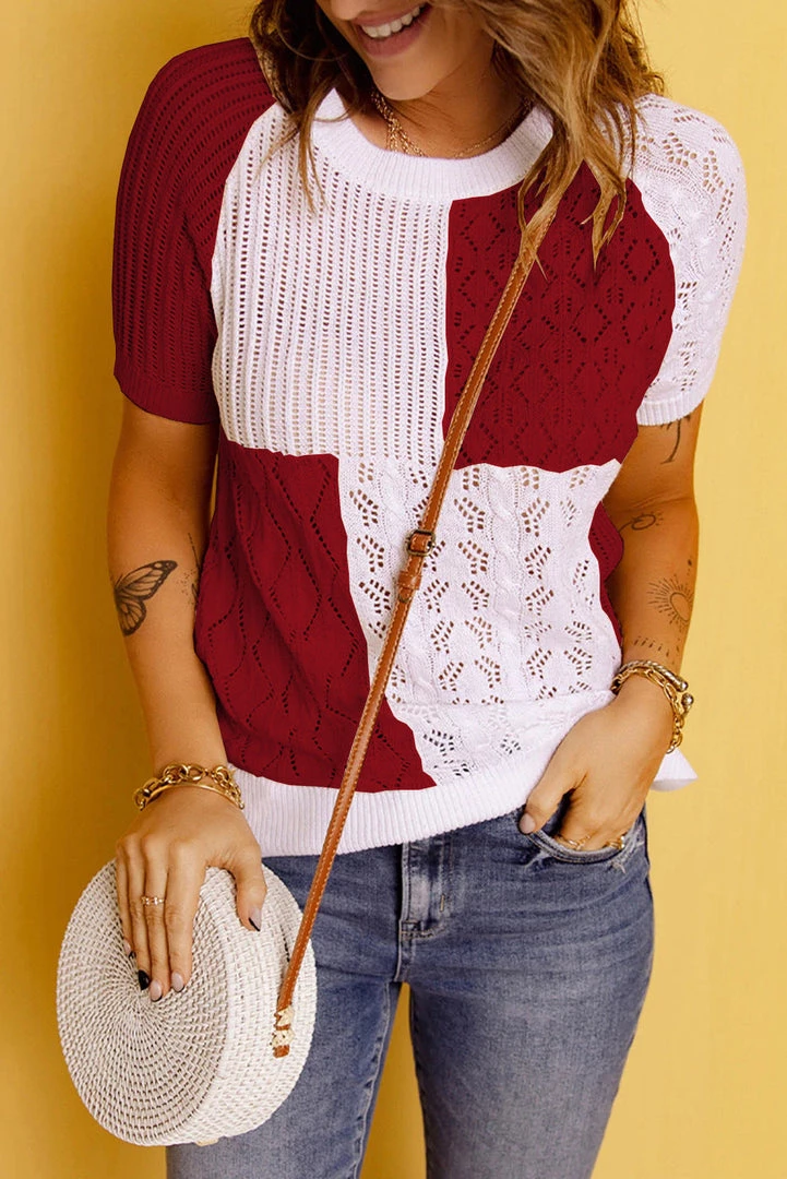 Levency Color Block Eyelet Short Sleeve Sweater 6 Levency Color Block Eyelet Short Sleeve Sweater