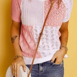 Levency Color Block Eyelet Short Sleeve Sweater 15 Levency Color Block Eyelet Short Sleeve Sweater