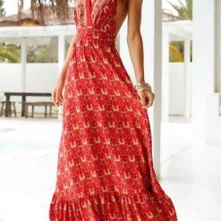 Levency New In Floral V Neck Halter Neck Backless Maxi Dress