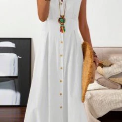 Levency Lapel Button Sleeveless Midi Dress