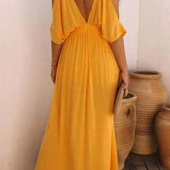 Levency Cold Shoulder Slit Bat Sleeve V Neck Maxi Dress New In