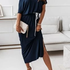 Levency Dew Shoulder Slit Belted Bat Dress 33 Levency Dew Shoulder Slit Belted Bat Dress